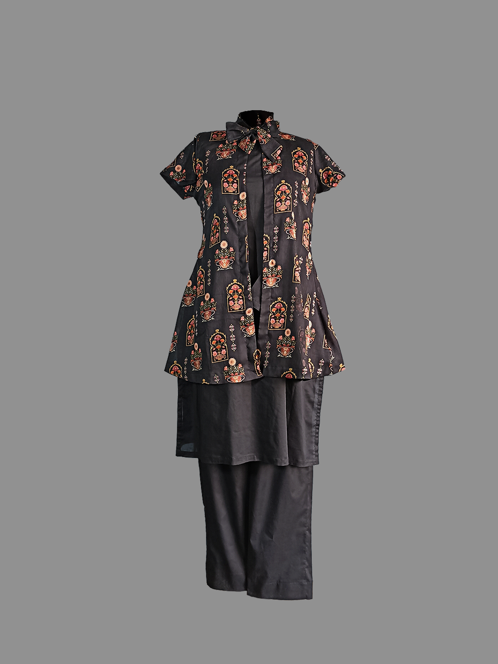 Black Floral-Printed Kurta