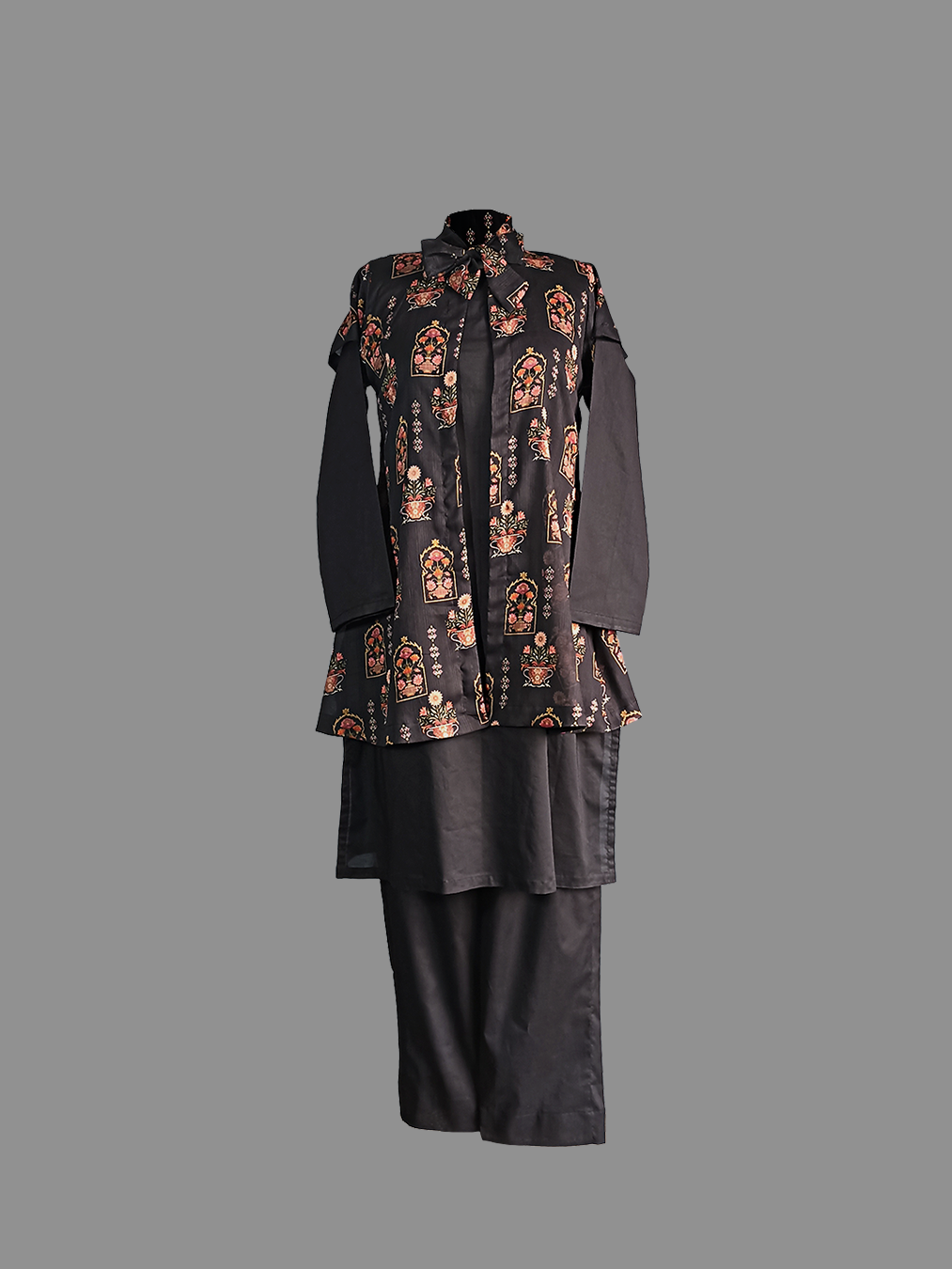 Black Floral-Printed Kurta