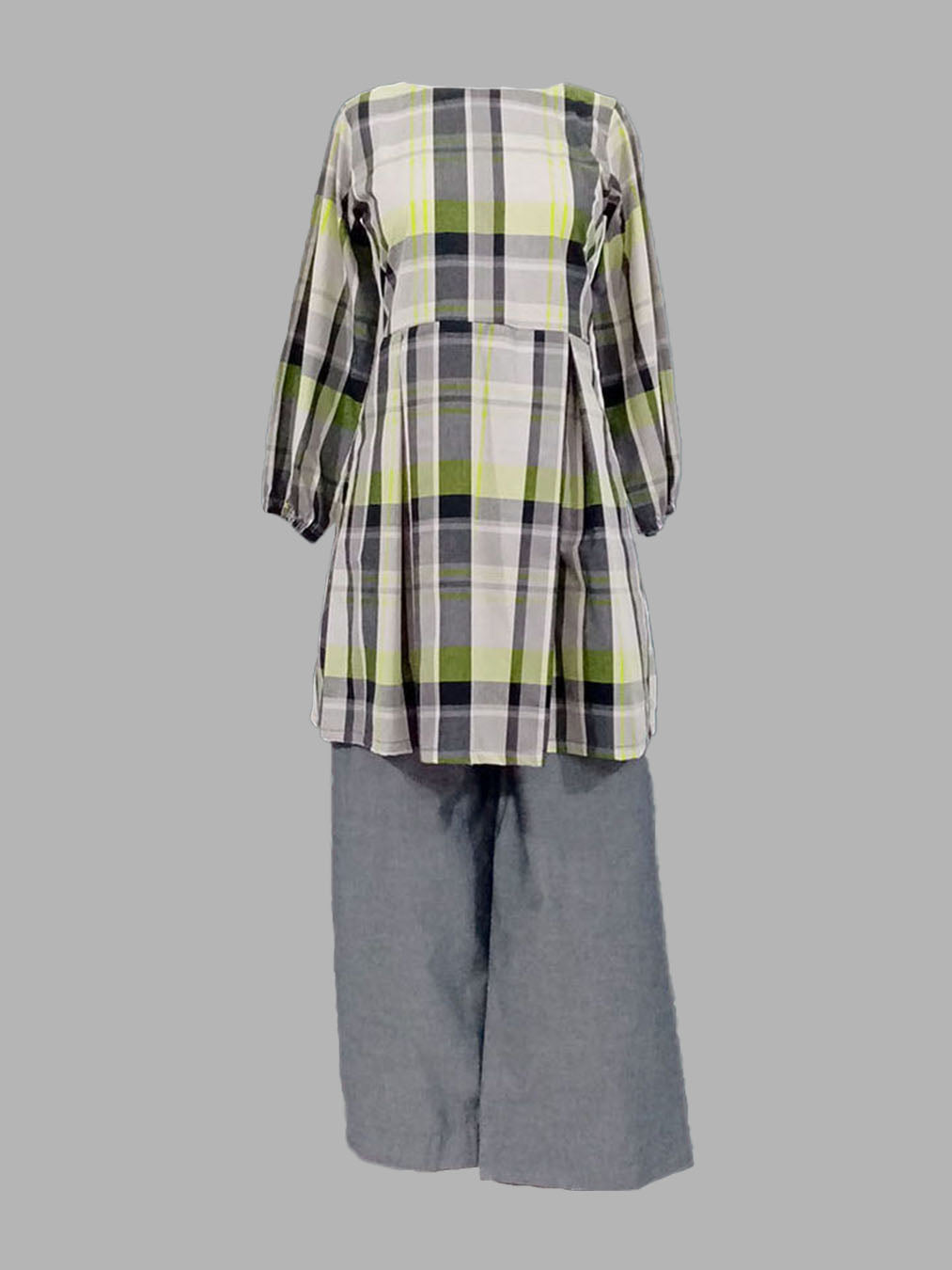 Neon-plaided Cotton dress & Trouser