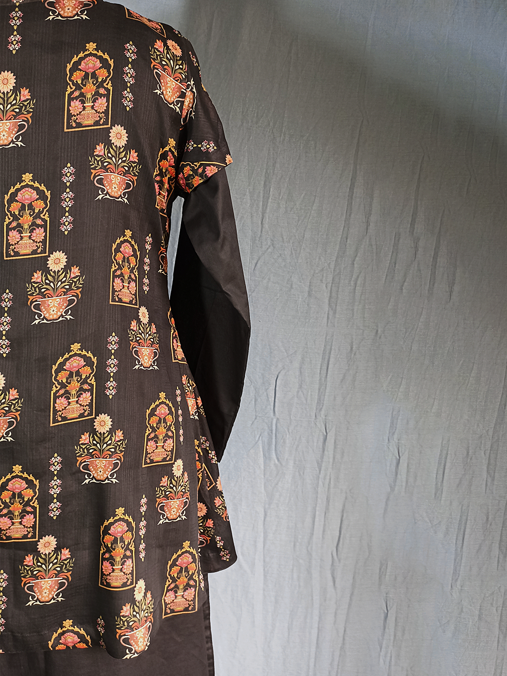 Black Floral-Printed Kurta