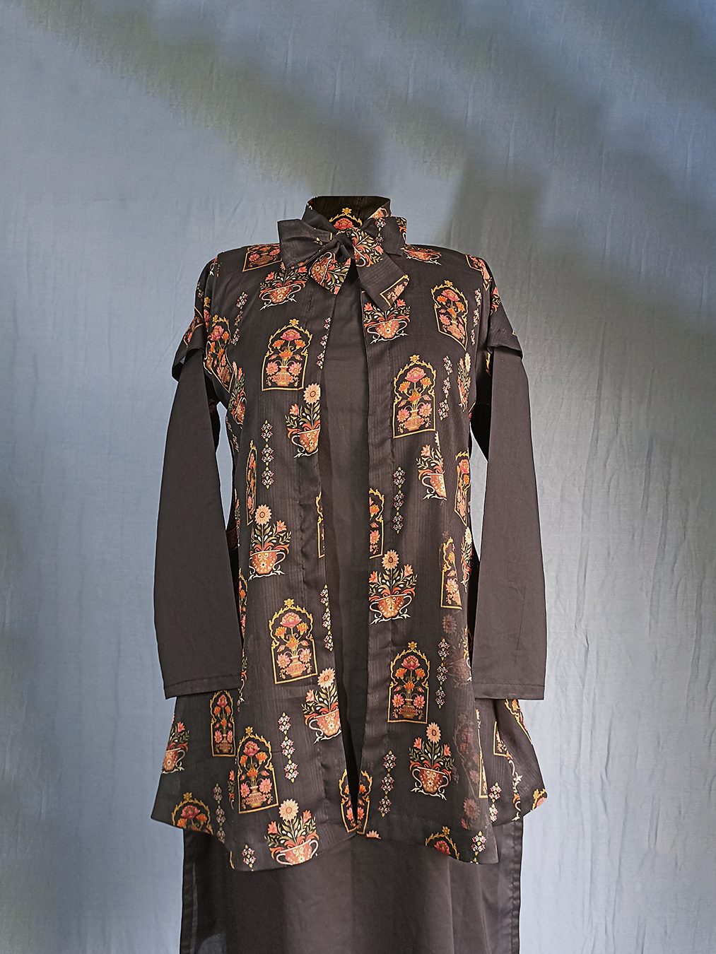 Black Floral-Printed Kurta