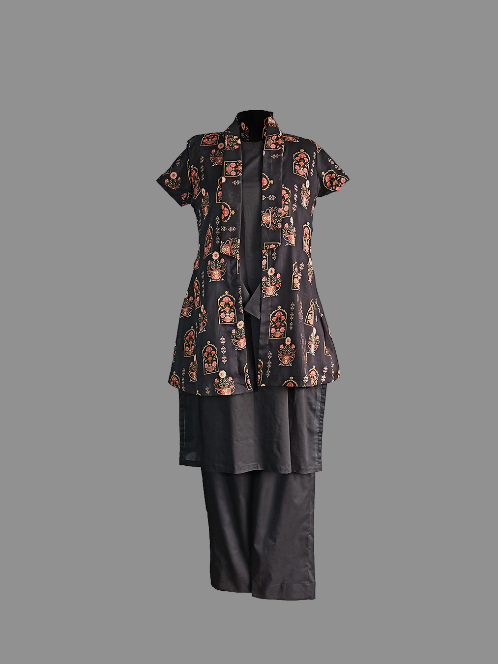 Black Floral-Printed Kurta
